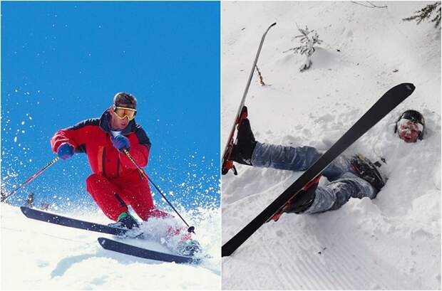 Катание на лыжах сопровождается частыми падениями, что небезопасно, но очень весело.