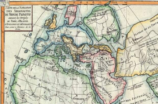 Карта навигации первобытного мира, Делиль де Саль, 1770, до оседания земель Гипербореи. Скандинавия - ещё в виде небольшого острова, как и Скифия ещё отделена от Азиии с платом Тартарии. Высокое разрешение -см. пункт 4 внизу статьи. Обратите внимание на прорисовку горных цепей над водами морей, что доказывает нависание в прошлом массивов верхней Земли.
