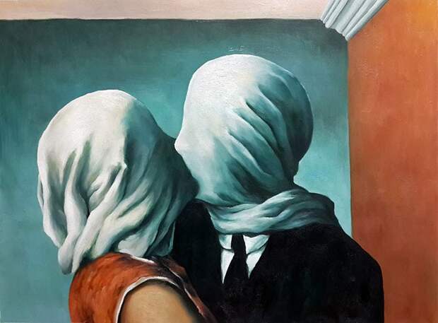 «Поцелуй». (1957 год). Автор: Рене Магритт. «Целуй меня, целуй...» : Картины художников разных времен, увековечившие трепетность и нежность поцелуев