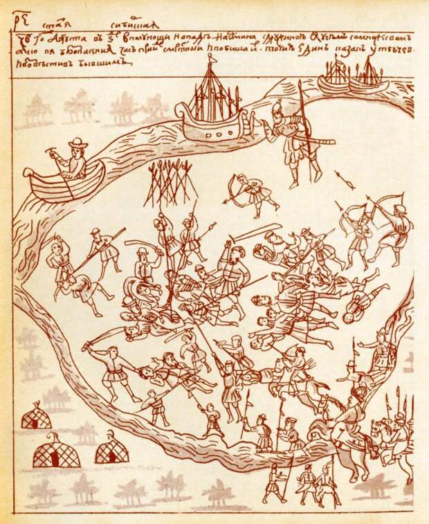 Последнее сражение Ермака. Рисунок из «Истории Сибирской» С. У. Ремезова.