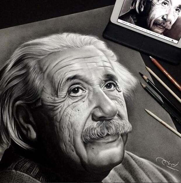 11. Альберт Эйнштейн Простой карандаш, графика, портреты актеров, фотореализм