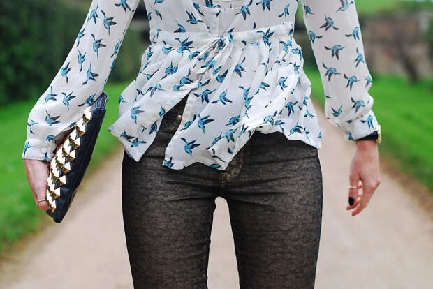 Bird print blouse, gold brocade jeans (over 40 fashion)