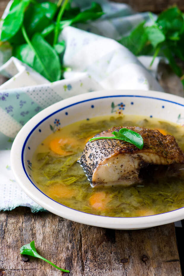 Soup with a sorrel fish. Selective focus. Style rustic