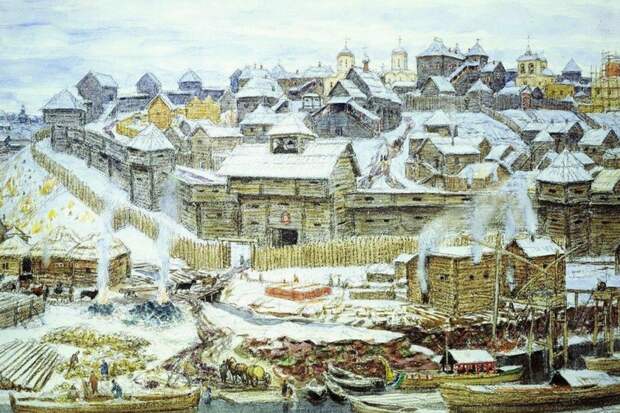 Кром Москвы 1238 год. холм и крепкая стена с мощной вежой с входом в крепость