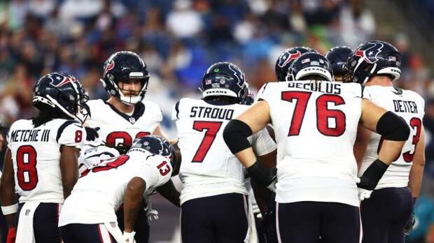 CJ Stroud in the Texans' huddle during his first preseason game.