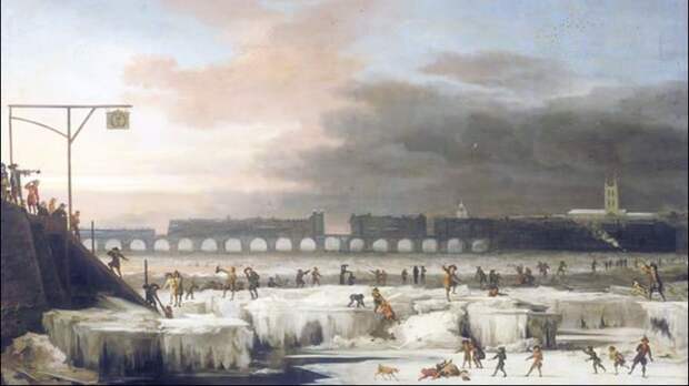 Экологическая катастрофа 1312 года, названная Малым Ледниковым периодом. "Замершая Темза" - картина голландского художника Абрахама Хондиуса, 1677 год. Коллекция Лондонского музея.