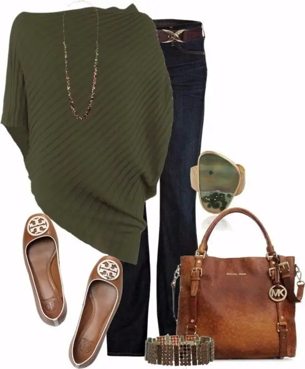 Зеленый с коричневым в одежде женщины