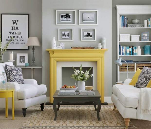 Прекрасный вариант создать уютную обстановку в гостиной благодаря серо-желтой цветовой гамме, что впечатлит однозначно.