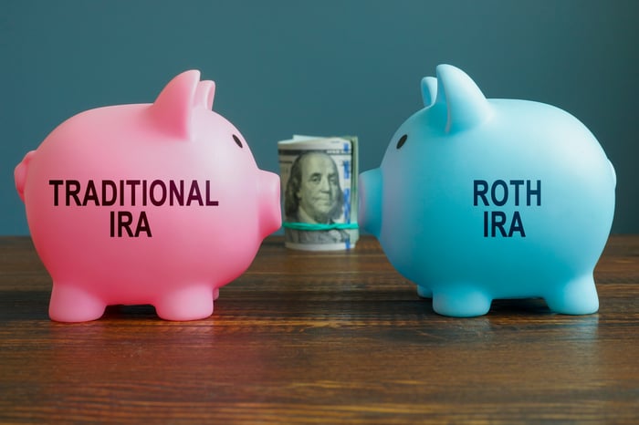 Two piggy banks facing each other, one pink and one blue. On the pink pig is written "Traditional IRA," while "Roth IRA" is printed on the blue pig. 