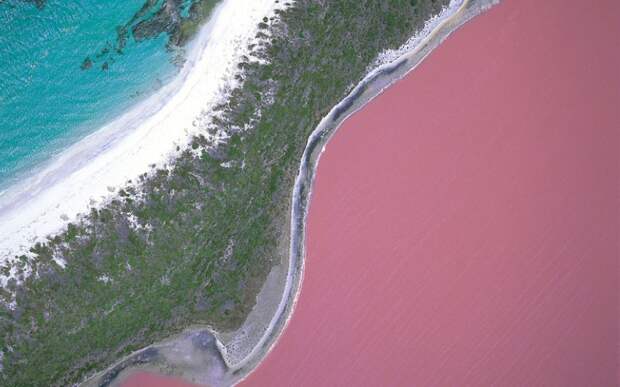 Озеро Хиллер Мидл-Айленд, Австралия   Происхождение таинственного розового цвета для ученых остается загадкой. Подозревают, что во всем виноваты обитающие там бактерии. Ярко-розовое, цвета жевательной резинки озеро Хиллер со всех сторон окружено белым песком и эвкалиптовой рощей.