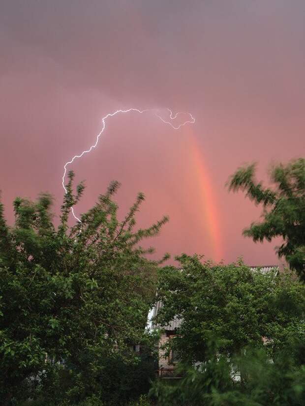 Молния поймала радугу nature, деревья, природа, природные явления, растения, шутки