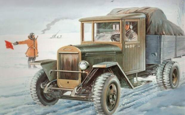 На иллюстрации: ЗИС-5 В с грузом на льду замерзшего озера. автозавод, завод, урал