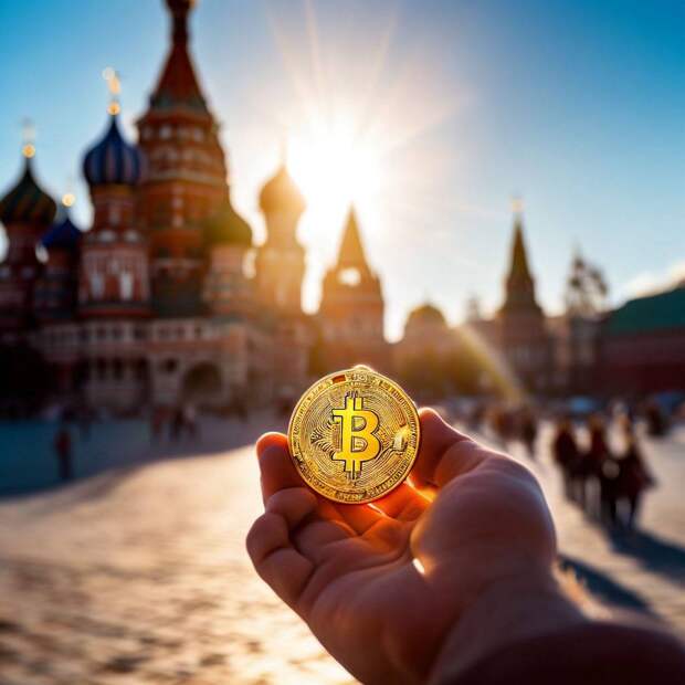 человек держит в руках монету биткоин на фоне города