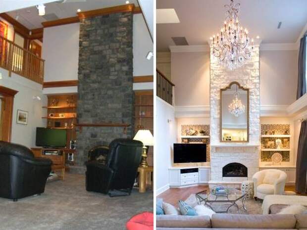 Стильный дизайн гостиной с высокими потолками до и после