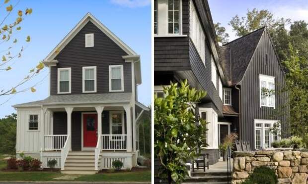 Фасады домов в почти черном, темно-сером цвете Черно-белое сочетание цветов фасада дома на фото 2016