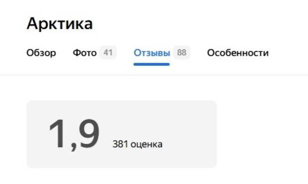 На Яндекс Картах у «Арктики» оценка 1,9 из 5