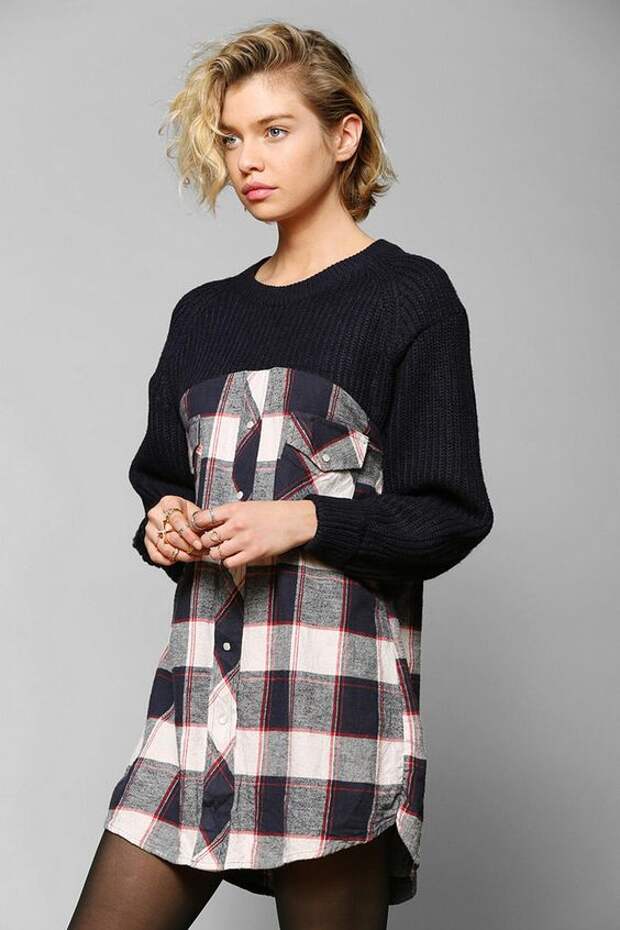 DIY INSPIRATION: Urban Renewal Sweater-Top Flannel Tunic. Going to try this with my teenage son's old shirt and my old sweater. Create a new look. *no instructions