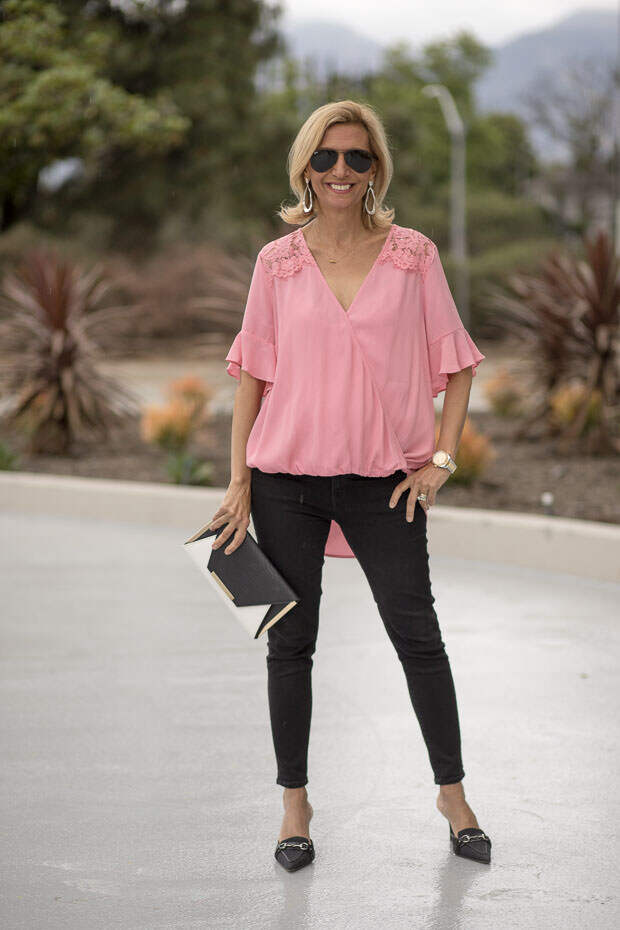 womens Pink Crossover Blouson Blouse with lace trim