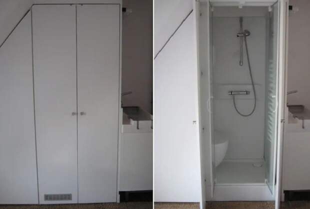 Туалет и душевую спрятали в двустворчатый шкаф (Chambre de bonne, Париж).