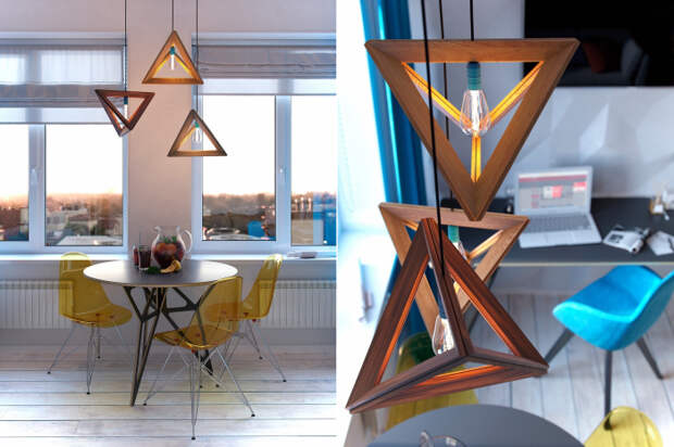 Геометрия во всем: в деревянных светильниках, а также в конструкции ножек стола и стульев.