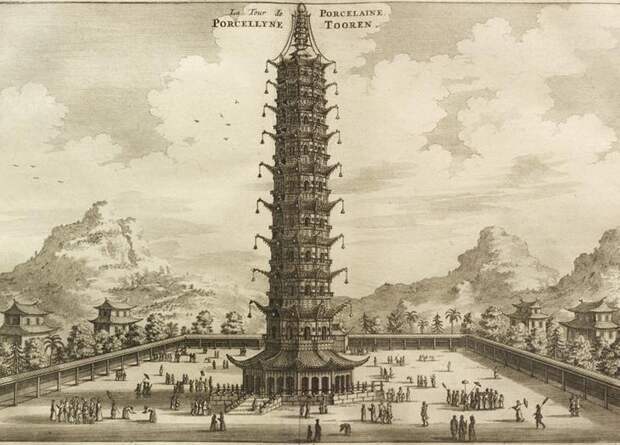 Фарфоровая пагода, Китай Буддийский храм в Нанкине был возведен во времена китайской династии Мин. Восьмигранная 78-метровая пагода была сложена из белого «фарфорового» кирпича. Наряду с Тяньцзе и Лингу, во времена династии Мин сооружение считалось одним из трех знаменитых храмов города, а европейские путешественники называли башню одним из главных чудес Китая. В 1801 году три верхних яруса башни были повреждены ударом молнии. Храм восстановили, но в 1856 году строение снесли тайпины, опасавшиеся, что враги могут использовать башню в качестве наблюдательного пункта.