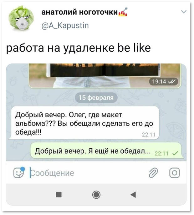 изображение: Работа на удалёнке: - Добрый вечер! Олег, где макет альбома??? Вы обещали сделать его до обеда? #CМС приколы