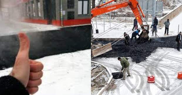 Разрешили: российские автодорожники будут укладывать асфальт в дождь, снег и мороз ynews, Росавтодор, асфальт, ремонт дорог, укладка асфальта