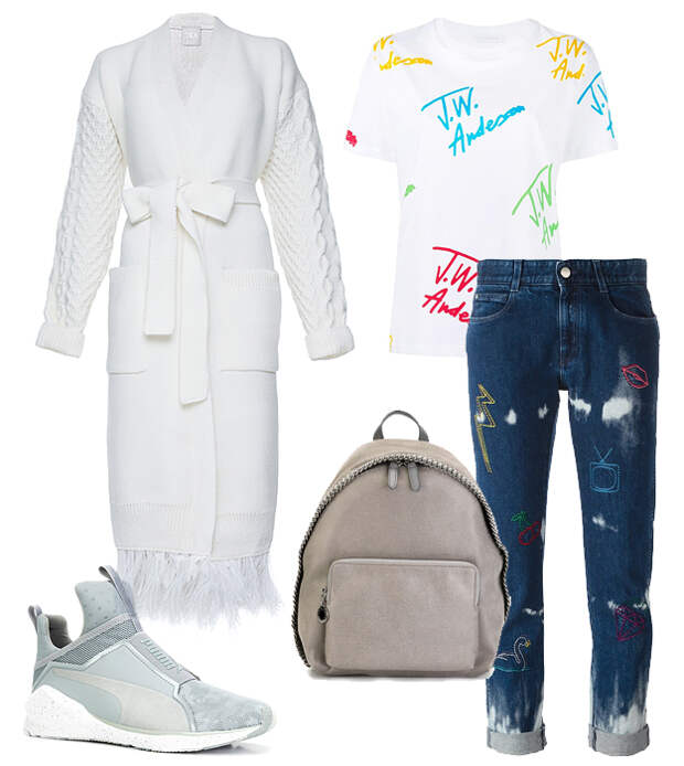 Кардиган 7ка, джинсы Stella McCartney, футболка J.W. Anderson, рюкзак Stella McCartney, кеды Puma Как носить одежду российских дизайнеров: 7КА (фото 4)