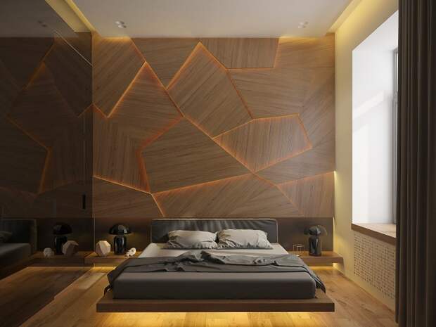 Пожалуй, один из лучших вариантов оформления стены в дереве в спальной.