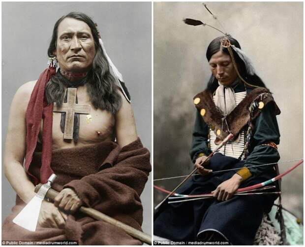 На фото слева - один из вождей шайеннов, 1877 год. Справа - боец шайеннов. аборигены, индейцы, исторические кадры, история, племена, редкие фото, сша, фото