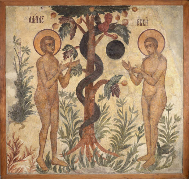 Грехопадение Адама и Евы, одна из спасенных фресок Троицкого Макарьева монастыря перед его затоплением