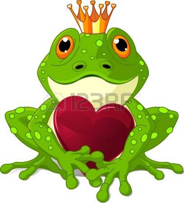 Принц-лягушка ждет, чтобы его поцеловали, держа сердце. Векторный клипарт - 6295714