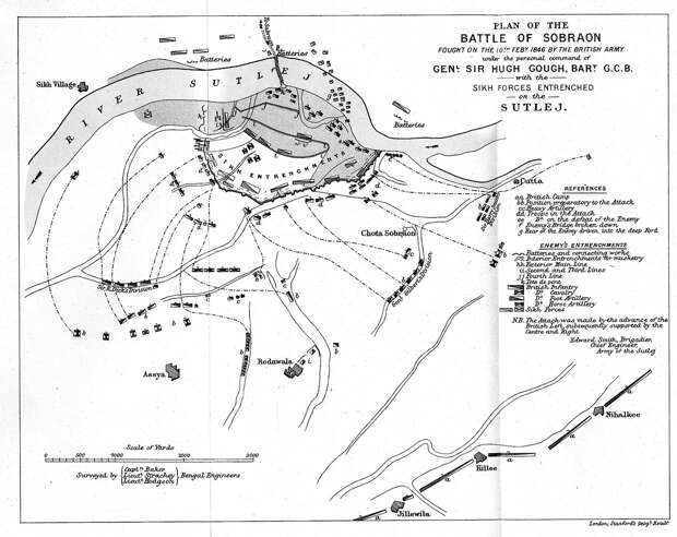 Карта, показывающая порядки войск в битве при Собраоне 10 февраля 1846 года во время Первой англо-сикхской войны (1845–1846 гг.). Собраон был последней из четырех крупных побед Британской Ост-Индской компании (EIC) против сикхской империи, и поэтому компания выиграла войну.