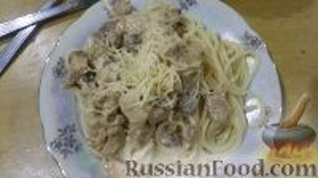 Фото к рецепту: Спагетти с курицей и грибами в сливочно-сырном соусе