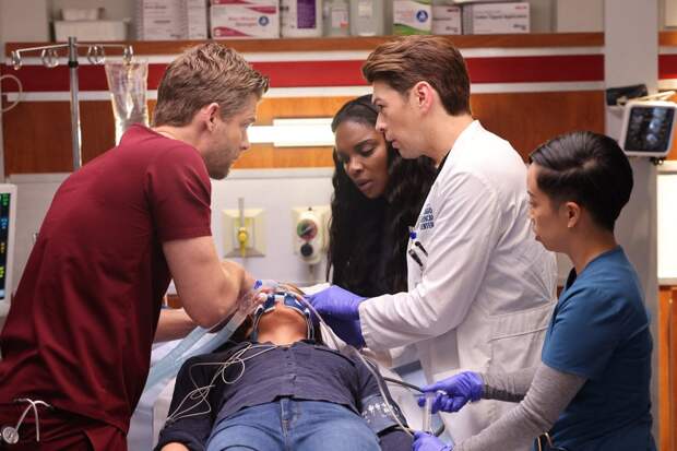 Ripley, Tanaka-Reid, and Maggie work on a patient in distress on Chicago Med Season 10 Episode 4