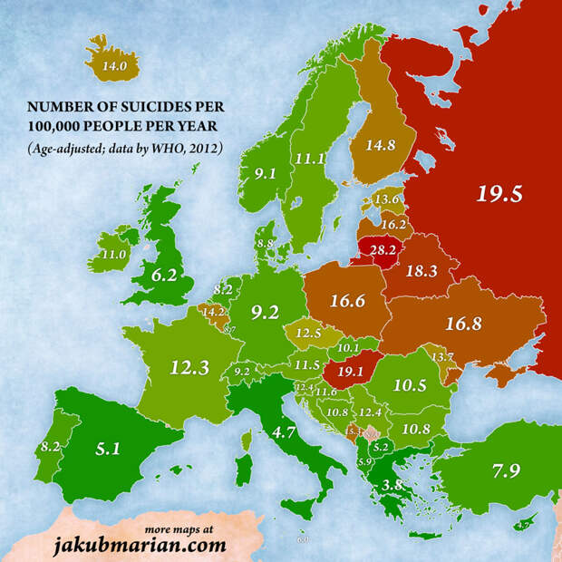 Число самоубийств на 100 000 человек в год (2012) Jakub Marian, карта, картография, карты