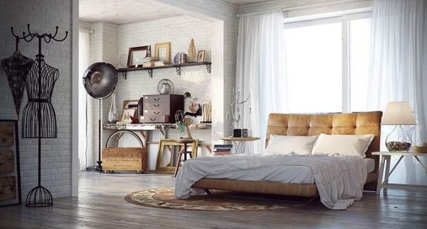 Спальня оформлена в современных тенденциях с кирпичной кладкой, что украшает интерьер определенно.