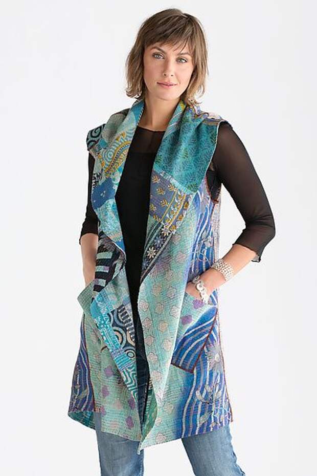 Kantha Patchwork Vest: Mieko Mintz: Cotton Vest | Artful Home. Blues for spring. Made from vintage saris.: 