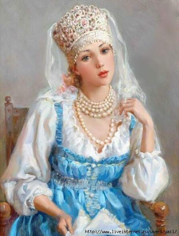 Pretty girl with pearls in a blue dress (445x586, 156Kb)