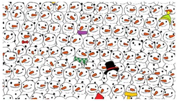 Тест на внимательность: найдите за 30 секунд удивленную панду среди снеговиков