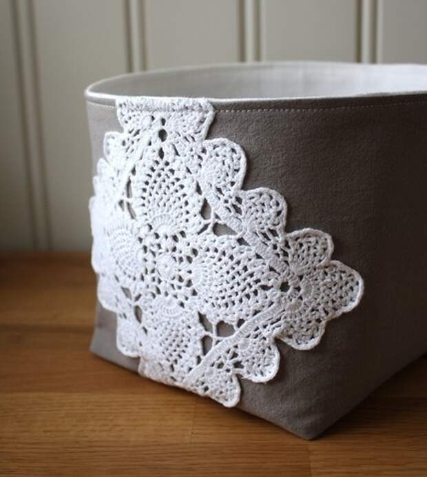 linen and lace fabric basket: so lovely to corral things