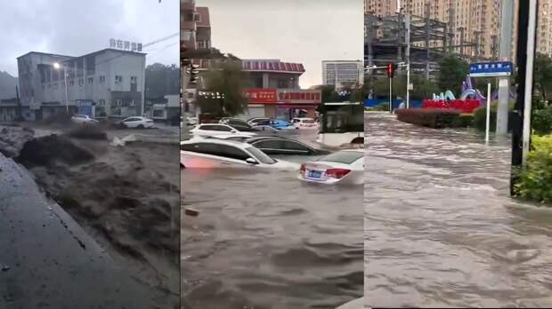 1 — паводок в провинции Шэньси (центр Китая; 9 июля). 2 и 3 — залитый город Баотоу, стоящий на реке Хуанхэ (Внутренняя Монголия, север Китая; 10 июля)