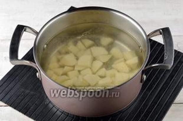 Картофель (150 г) очистить, нарезать небольшими кусочками. Опустить картофель в кипящую воду (2,5 л) и готовить 10 минут.