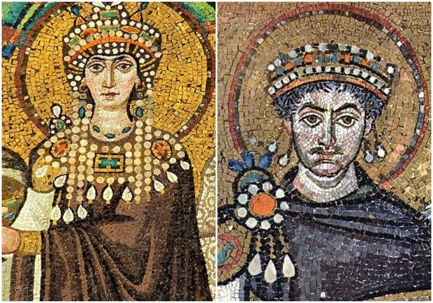 Слева направо: Изображение Феодоры с портретной мозаики в базилике Сан-Витале, Равенна. \ Император Юстиниан, мозаика в базилике Сан-Витале (деталь), Равенна.