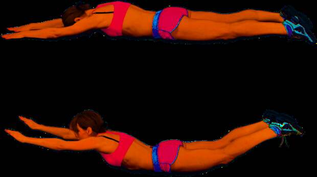 Девушка выполняет упражнение для спины гиперэкстанзия лежа на полу