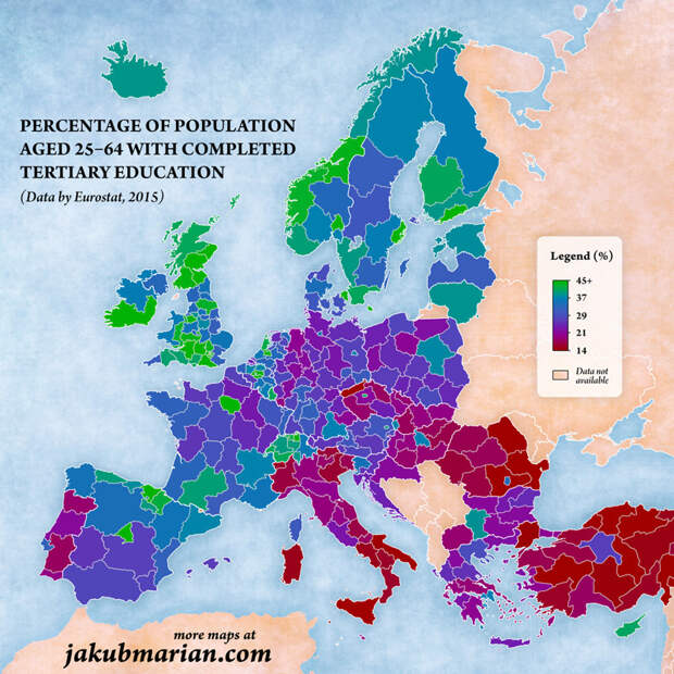 Процент населения в возрасте от 25 до 64 лет с законченным высшим образованием Jakub Marian, карта, картография, карты