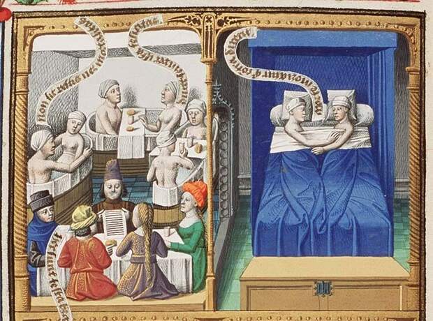Сцена из бани, немецкий офорт XV века, пояснения не требуются. Это, кстати, еще достаточно приличная картинка.