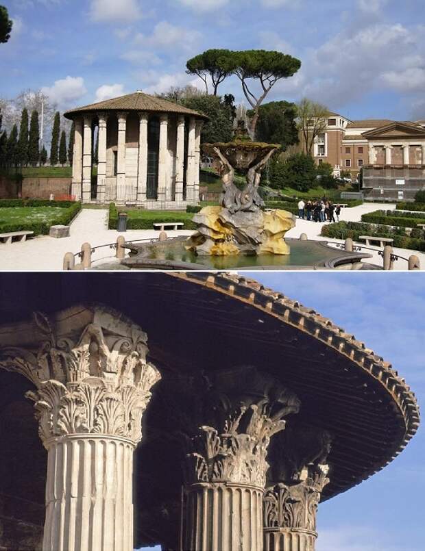 Колонны Храма Геркулеса Непобедимого – самые яркие и исторически ценные элементы небольшого святилища (Рим, Италия). 