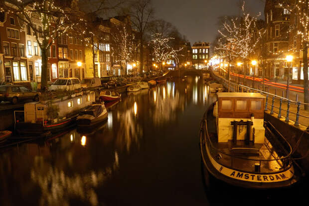 Каналы Амстердама ночью - Spiegelgracht