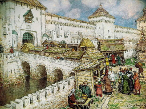 Книжные лавки на Спасском мосту в 17 веке. Картина А. Васнецова.